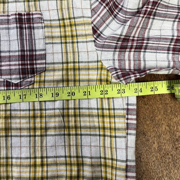 POL womens sz large long sleeve top raw edges red yellow plaid button up shirt - Picture 6 of 7